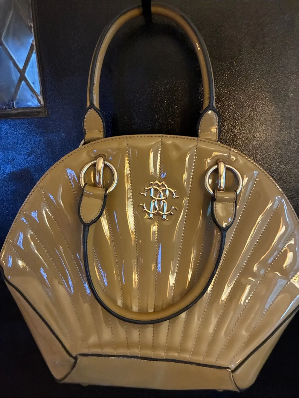 Roberto Cavalli Y2K Patent Dome Seashell Satchel in Tan with Gold Hardware